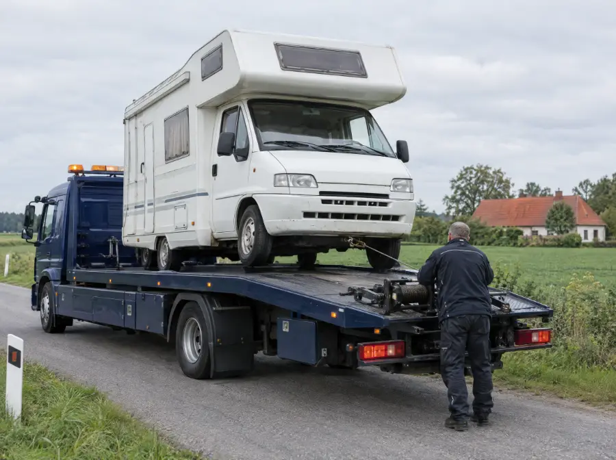 Autocamper læsses på autotransporter ved afhentning