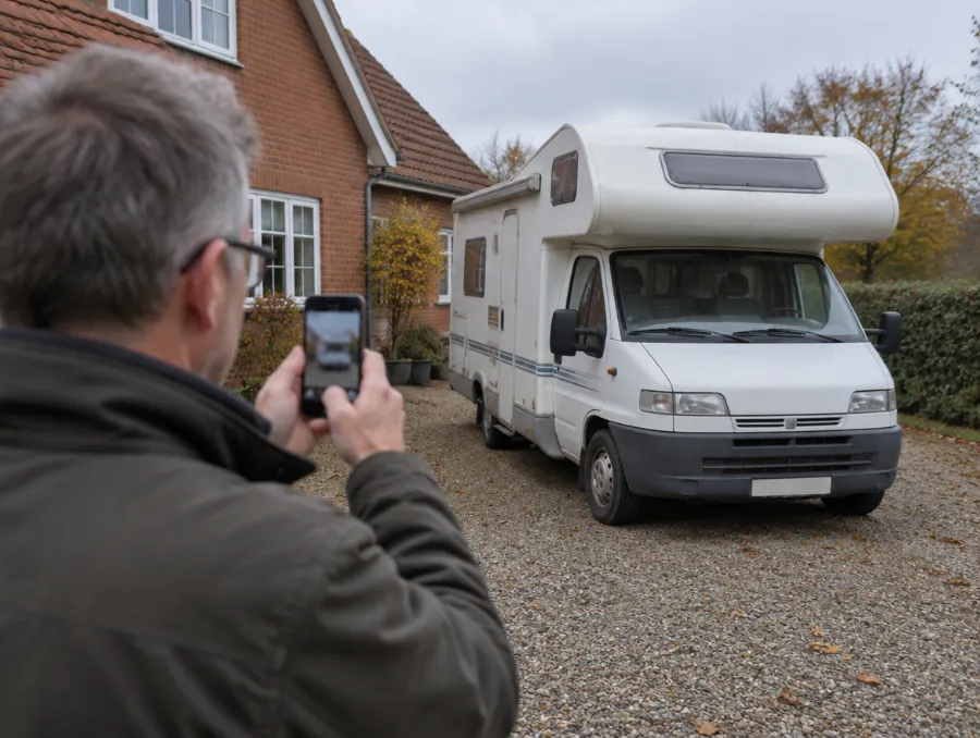 Mand fotograferer sin autocamper med mobilen